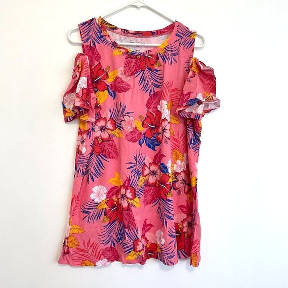 WOMAN WITHIN Plus Size Short Sleeve Cold Shoulder Tee Pink Hawaiian Floral 18 20 - Picture 2 of 15